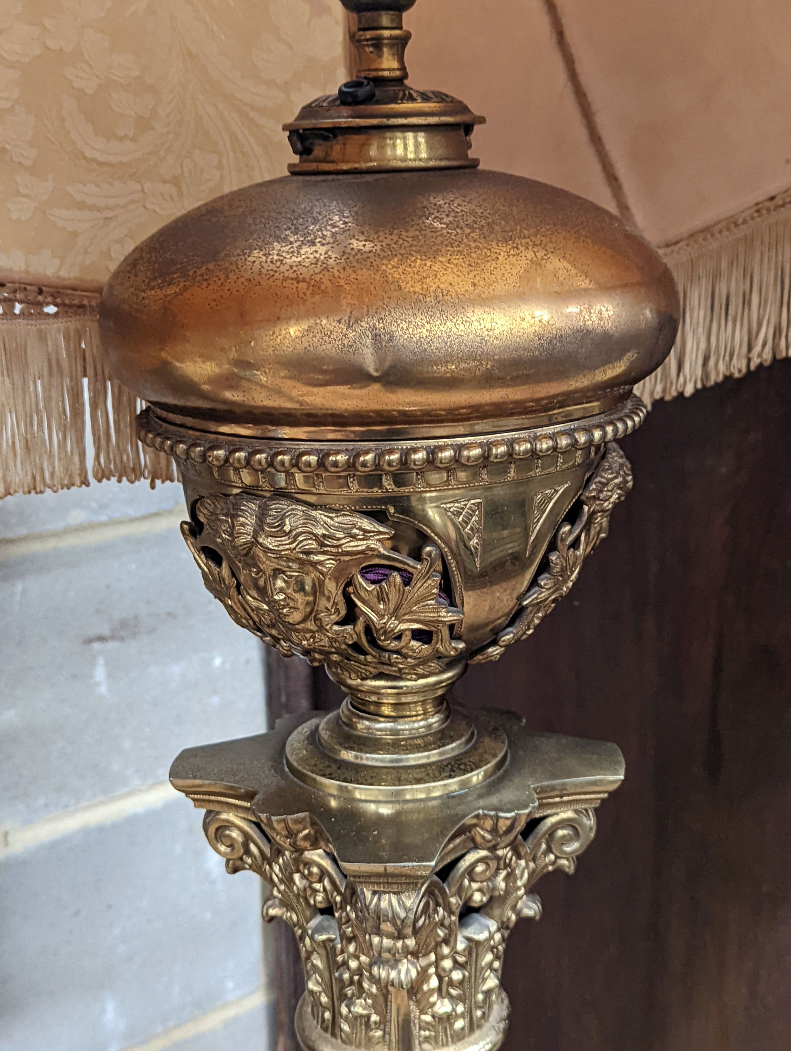 A late Victorian lacquered brass corinthian column oil lamp standard, converted to electricity, height excluding shade 144cm